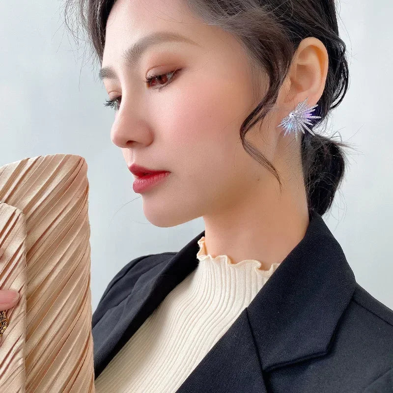 New Silver Color Big Plant Luxury Stud Earrings with Bling Zircon Stone for Women Fashion Jewelry Korean Earring Gift2025