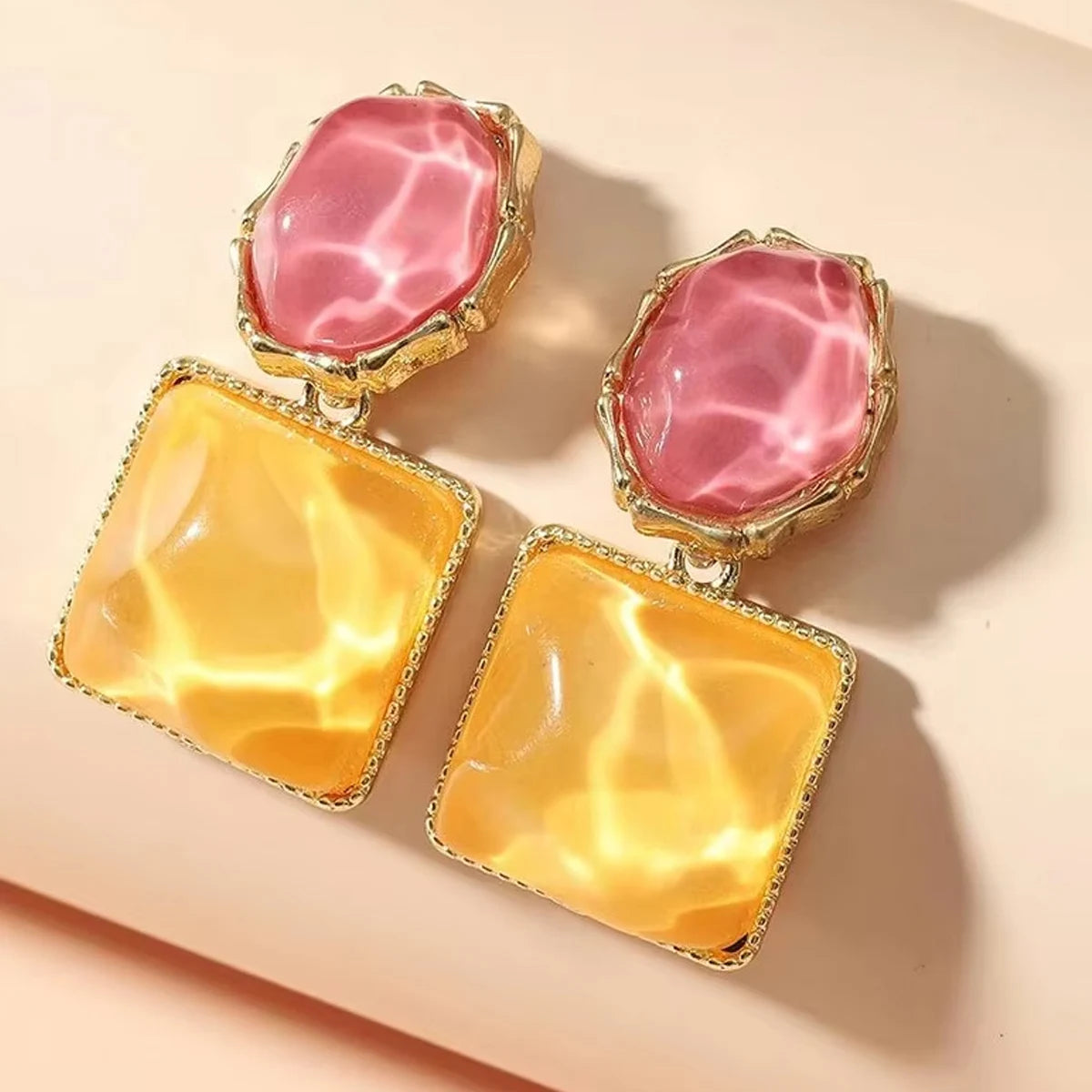 Women Round Square Crystal Stone Drop Earrings Pink Orange Olive Blue Bright Colorful Glass Stone Dangle Earrings Trendy Jewelry