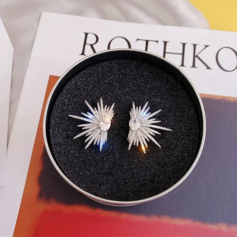 New Silver Color Big Plant Luxury Stud Earrings with Bling Zircon Stone for Women Fashion Jewelry Korean Earring Gift2025