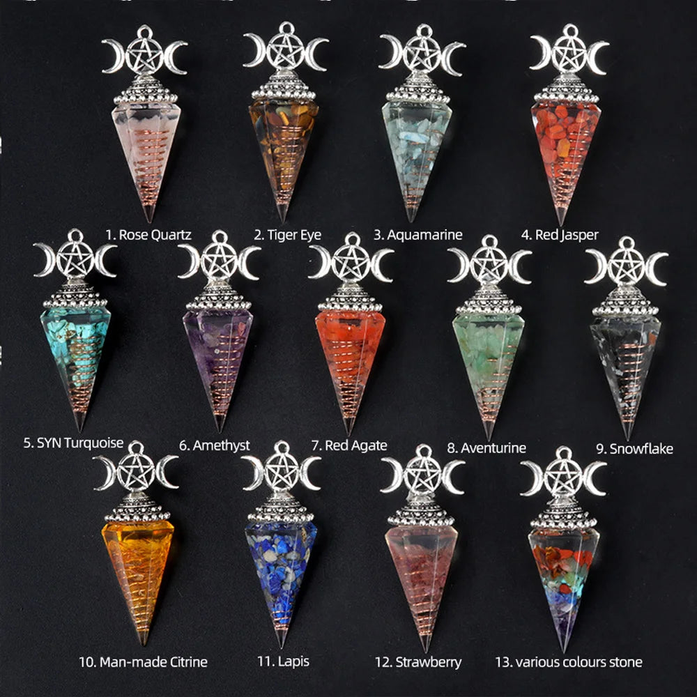 54x24mm Natural Stone Crystal Reiki Pendulum Three Phases Moon Hexagonal Cone Amethysts Charms for Jewelry Making DIY Necklace