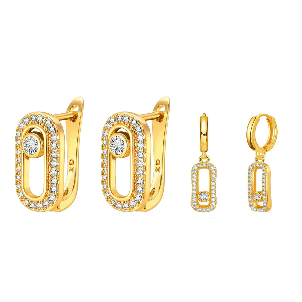 2PCS Women Geometric Small Hoops Earrings Paperclip Shape Metal Earrings CZ Stones Shiny Girls Party Jewelry set