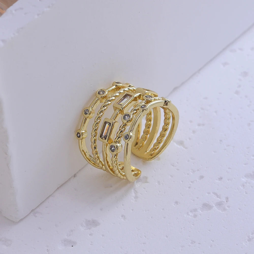 Nwe 18 K Gold Plated Sun Rings for Women Natural Stone Inlaid in Hollow Metal Texture Ring Trendy Jewelry