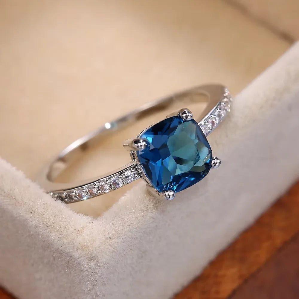 Square Blue Series Stone Women Rings Simple Minimalist Pinky Accessories Ring Band Elegant Engagement Jewelry Rings R7704
