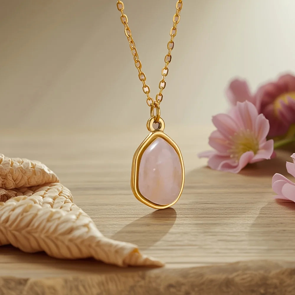 Fashion Stone Opal Oval Necklace For Women Stainless Steel Gold Color Green Stone Pendant Necklace Wedding Aesthetic Jewelry Gif