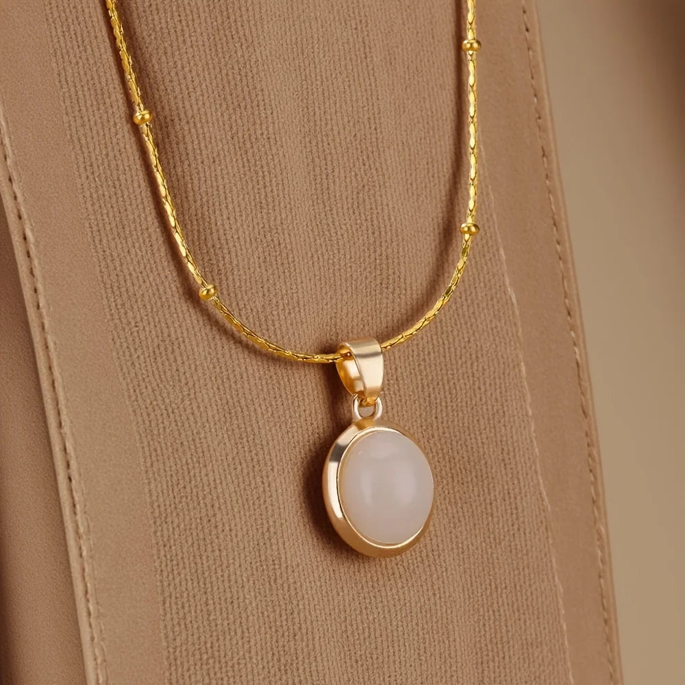 Fashion Stone Opal Oval Necklace For Women Stainless Steel Gold Color Green Stone Pendant Necklace Wedding Aesthetic Jewelry Gif