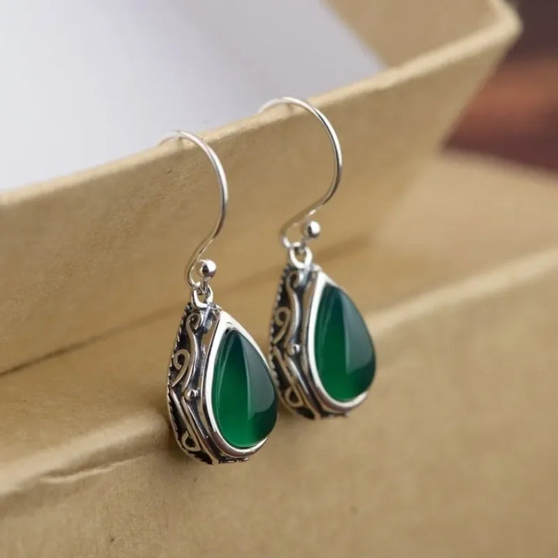 Vintage Waterdrop Earrings - Green Stone Dangle Jewelry in Silver Tone for Women, Elegant Daily Wear Fashion Accessories