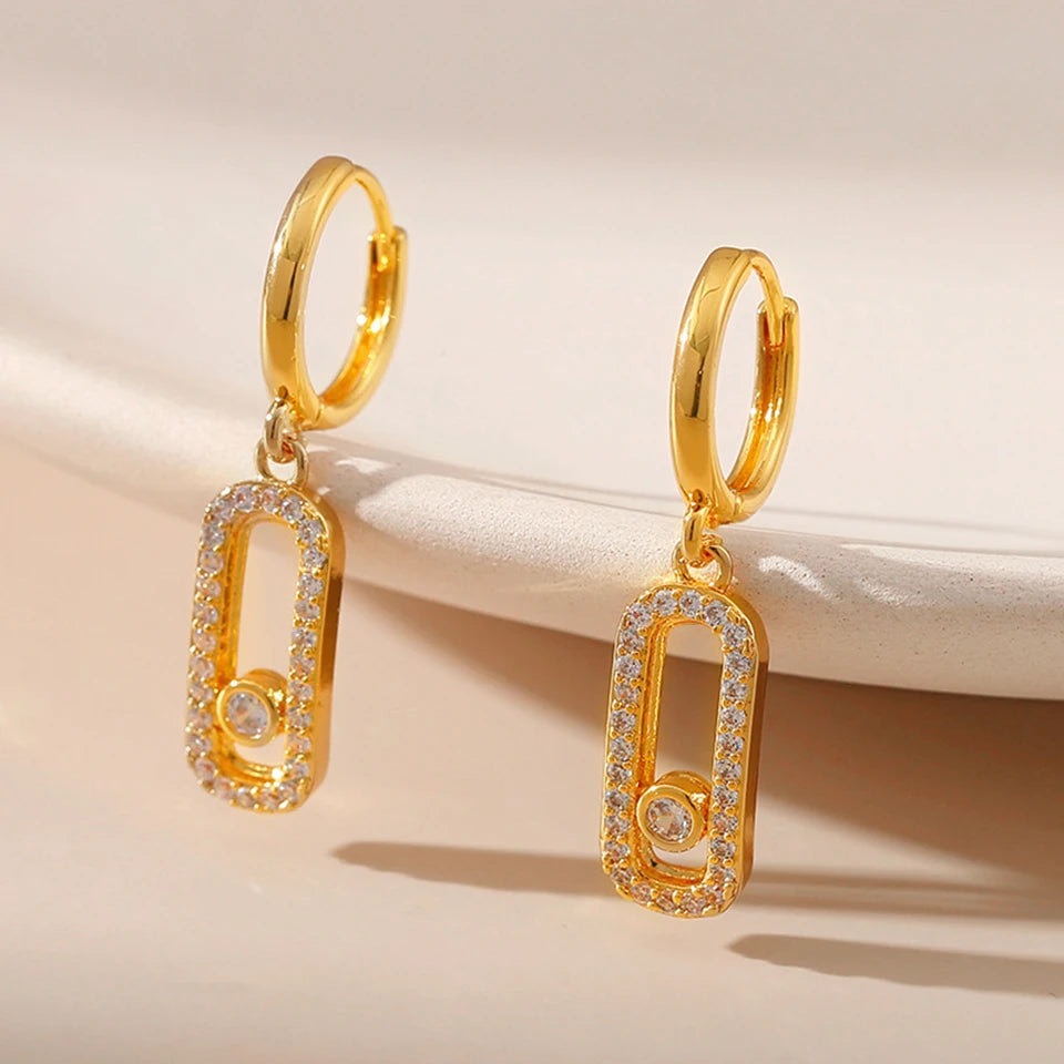 2PCS Women Geometric Small Hoops Earrings Paperclip Shape Metal Earrings CZ Stones Shiny Girls Party Jewelry set