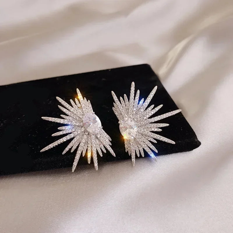 New Silver Color Big Plant Luxury Stud Earrings with Bling Zircon Stone for Women Fashion Jewelry Korean Earring Gift2025