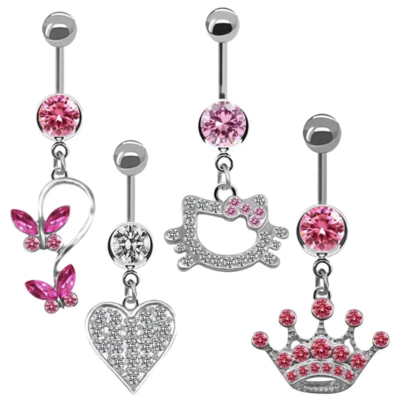 Sweet Butterfly Crown Heart Drop Belly Button Pink White Crystal Stone Hellokitty Dangle Navel Button Women's Piercing Jewelry