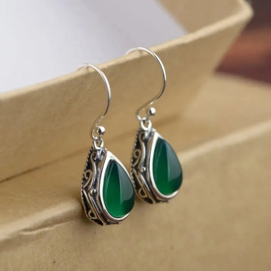 Vintage Waterdrop Earrings - Green Stone Dangle Jewelry in Silver Tone for Women, Elegant Daily Wear Fashion Accessories