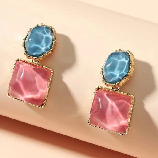 Women Round Square Crystal Stone Drop Earrings Pink Orange Olive Blue Bright Colorful Glass Stone Dangle Earrings Trendy Jewelry