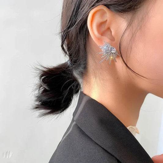 New Silver Color Big Plant Luxury Stud Earrings with Bling Zircon Stone for Women Fashion Jewelry Korean Earring Gift2025