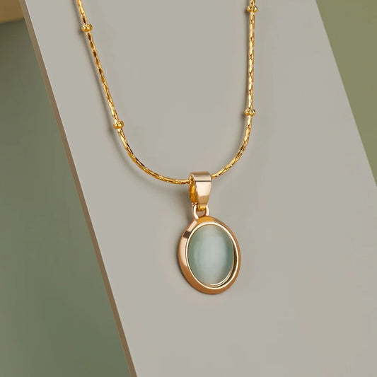 Fashion Stone Opal Oval Necklace For Women Stainless Steel Gold Color Green Stone Pendant Necklace Wedding Aesthetic Jewelry Gif